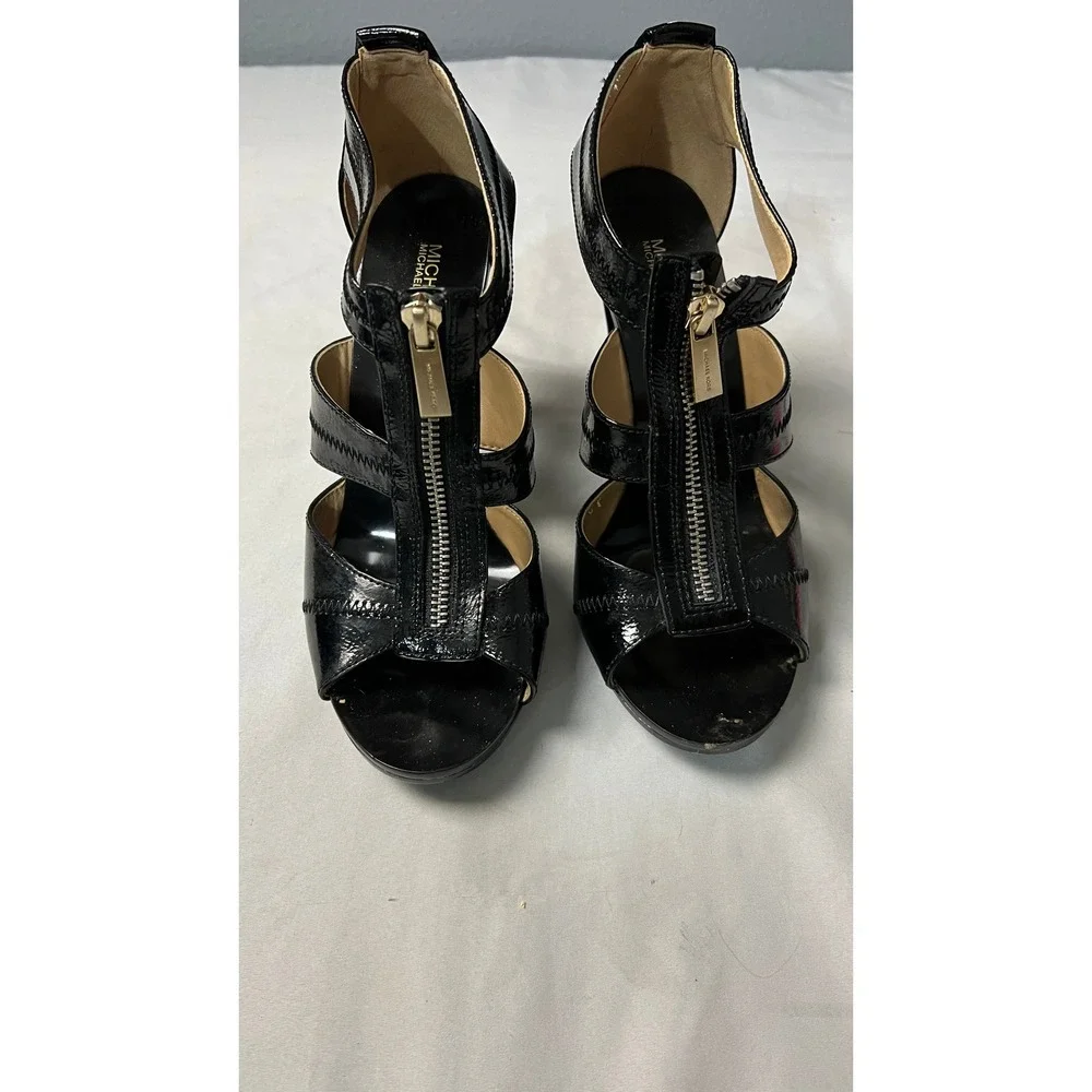 Michael Kors Black Patent Leather Front Zip Cage Sandals Heels PW18K Strapy‎ 8M